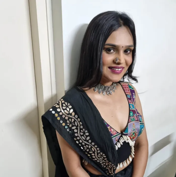 Party makeup look in black saree with statement jewelry, Megha Makeover & Beauty Salon