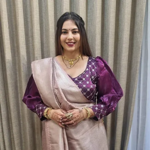 Festive makeup look in purple and beige saree, Megha Makeover & Beauty Salon